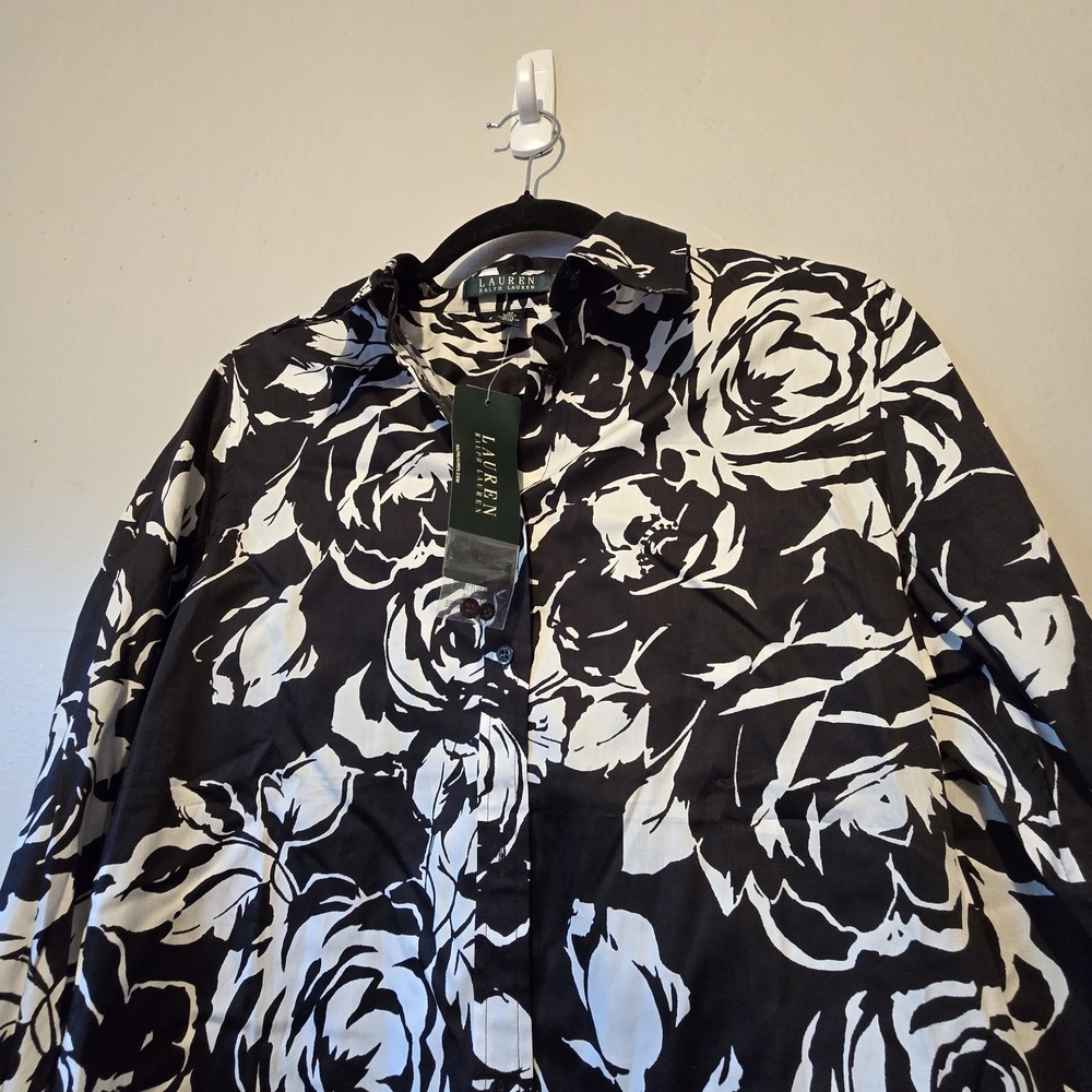 Lauren Ralph Lauren NWT Floral Top Women's MED Black Cotton Office Preppy Button - Picture 3 of 13